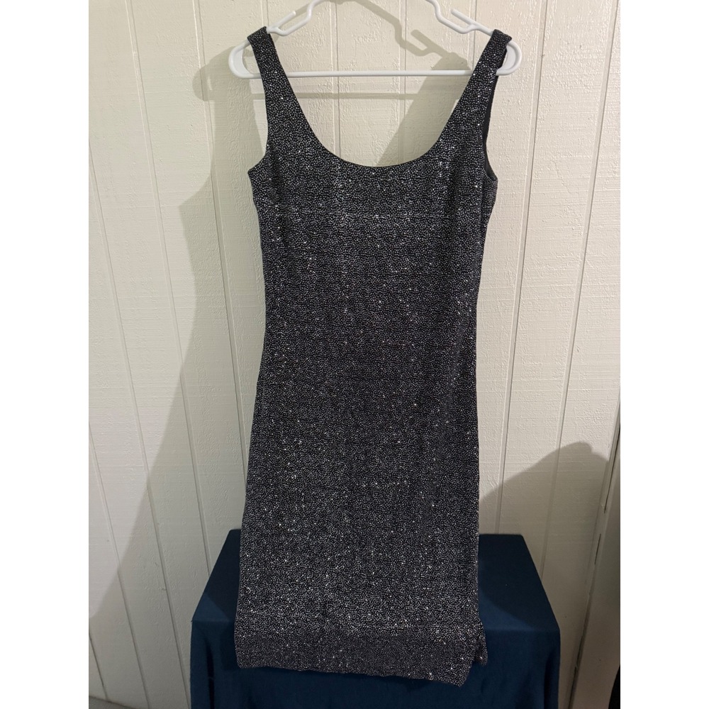 Faviana New York Silver Glitter Sparkle Scoop Neck Sheath Cocktail Dress 9/10
